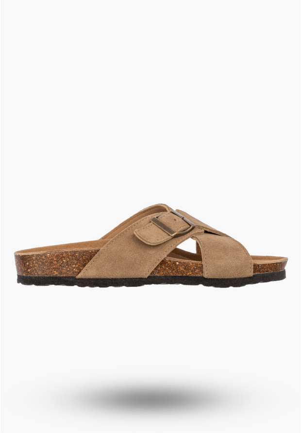 Klapki Damskie Skórzane Buty Casual Zamszowe Z Klamrą Korkowe Brązowe FILIPPO