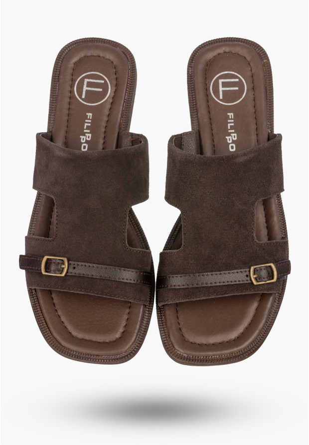 Klapki Damskie Skórzane Buty Eleganckie Letnie Zamszowe Brązowe FILIPPO