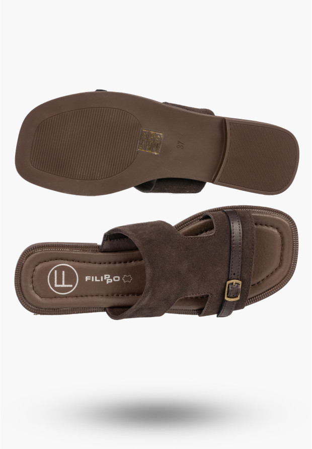 Klapki Damskie Skórzane Buty Eleganckie Letnie Zamszowe Brązowe FILIPPO