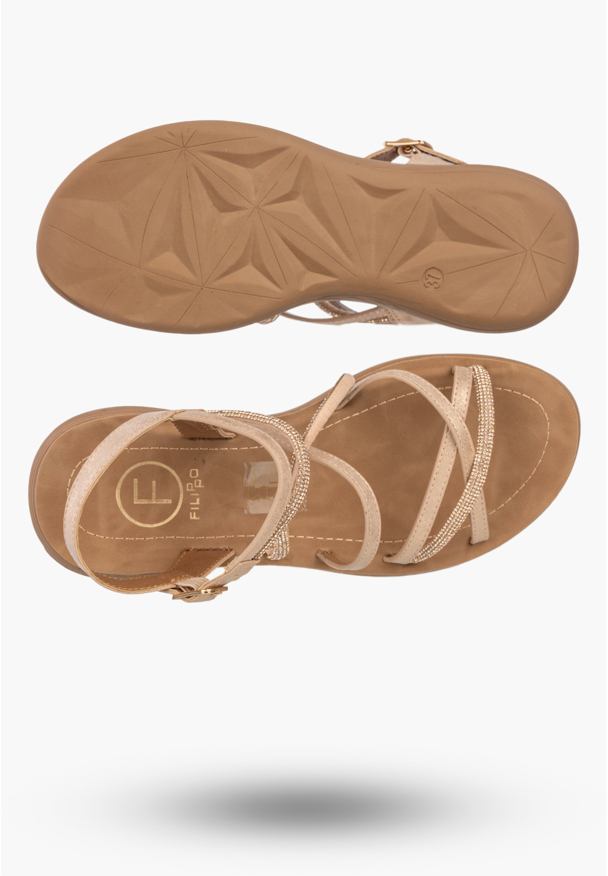 Sandały Damskie Buty Eleganckie Błyszczące Płaskie Letnie Złote Filippo