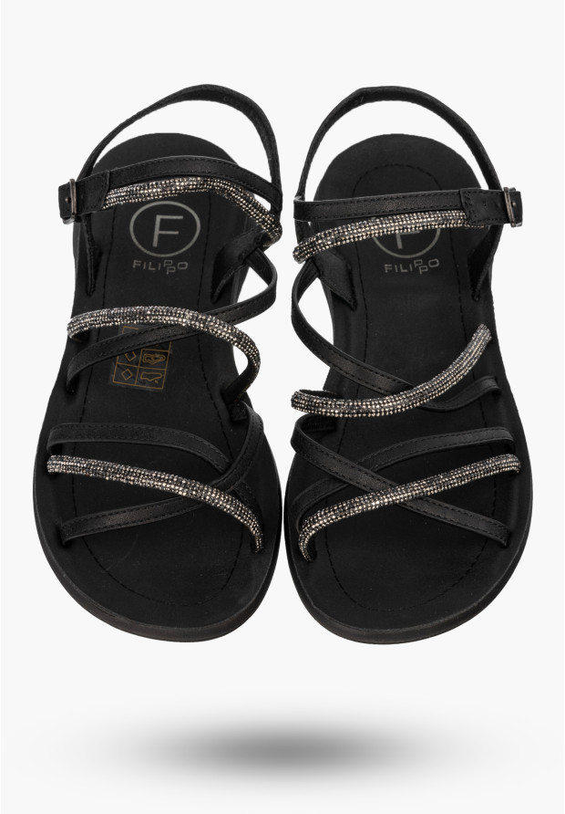 Sandały Damskie Buty Eleganckie Błyszczące Płaskie Letnie Czarne Filippo