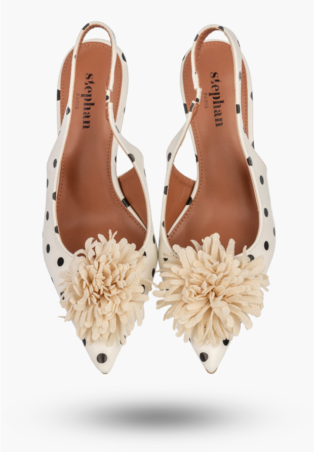 Szpilki Damskie Ekoskóra Czółenka Slingback z Kwiatem Eleganckie Białe W Kropki