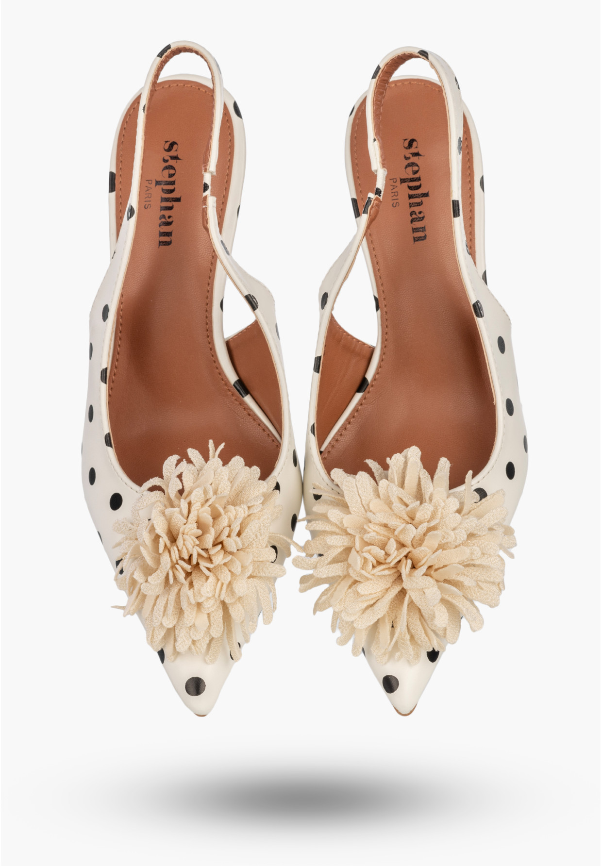 Szpilki Damskie Ekoskóra Czółenka Slingback z Kwiatem Eleganckie Białe W Kropki