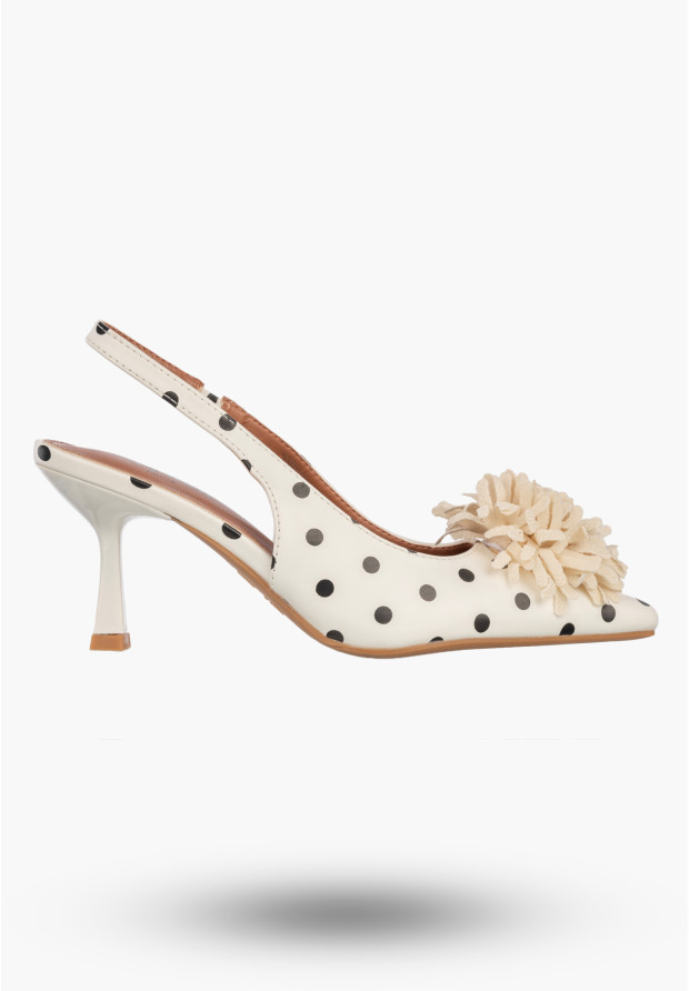 Szpilki Damskie Ekoskóra Czółenka Slingback z Kwiatem Eleganckie Białe W Kropki