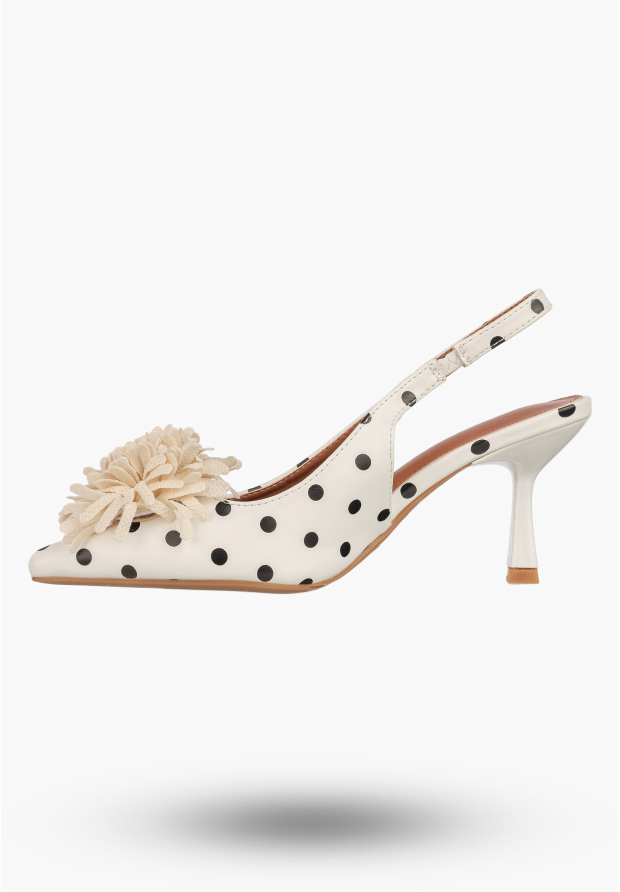 Szpilki Damskie Ekoskóra Czółenka Slingback z Kwiatem Eleganckie Białe W Kropki