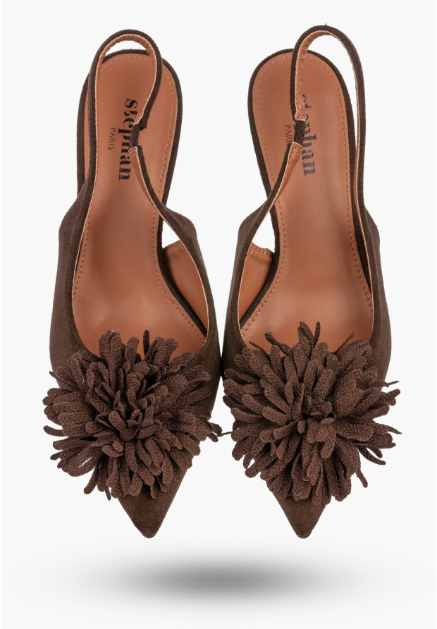 Szpilki Damskie Czółenka Slingback z Kwiatem Eleganckie Brązowe