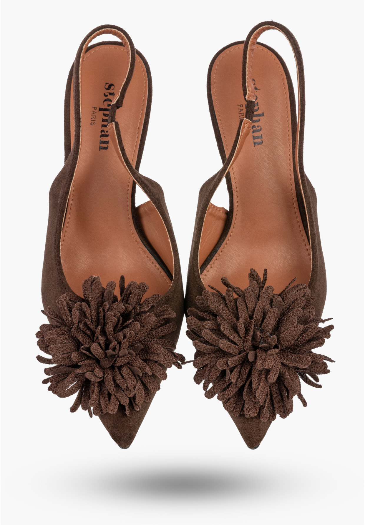 Szpilki Damskie Czółenka Slingback z Kwiatem Eleganckie Brązowe