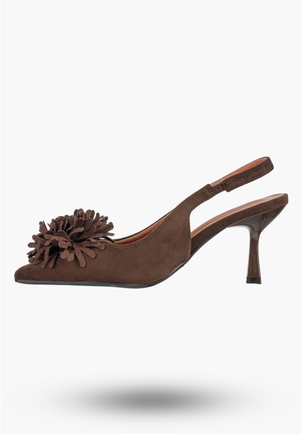 Szpilki Damskie Czółenka Slingback z Kwiatem Eleganckie Brązowe
