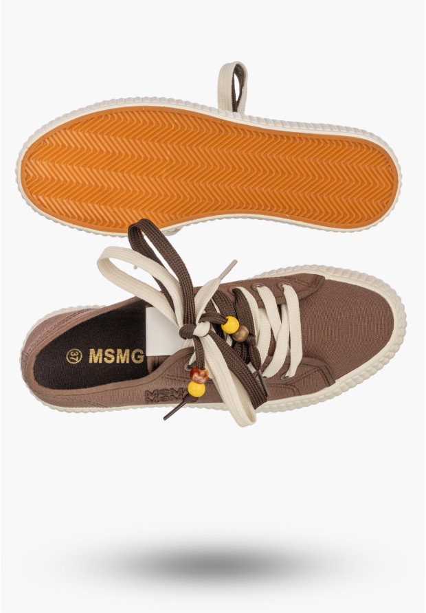 Trampki Damskie Materiałowe Sneakersy Na Platformie Sznurowane Casual Brązowe