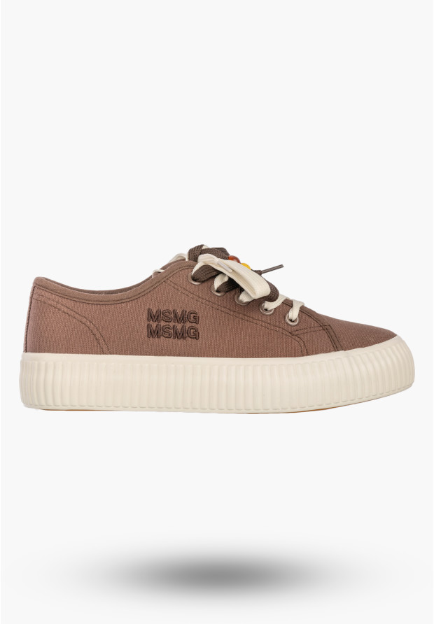 Trampki Damskie Materiałowe Sneakersy Na Platformie Sznurowane Casual Brązowe