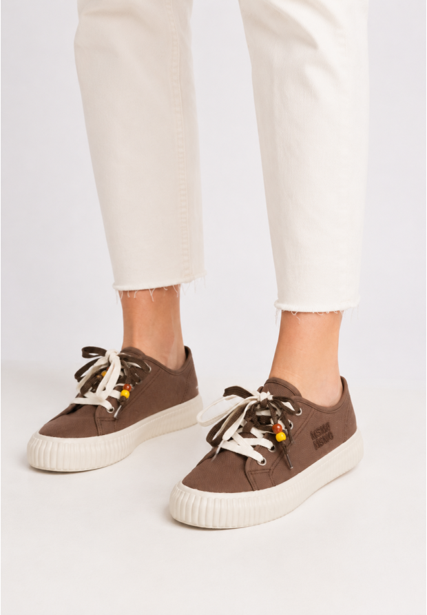Trampki Damskie Materiałowe Sneakersy Na Platformie Sznurowane Casual Brązowe