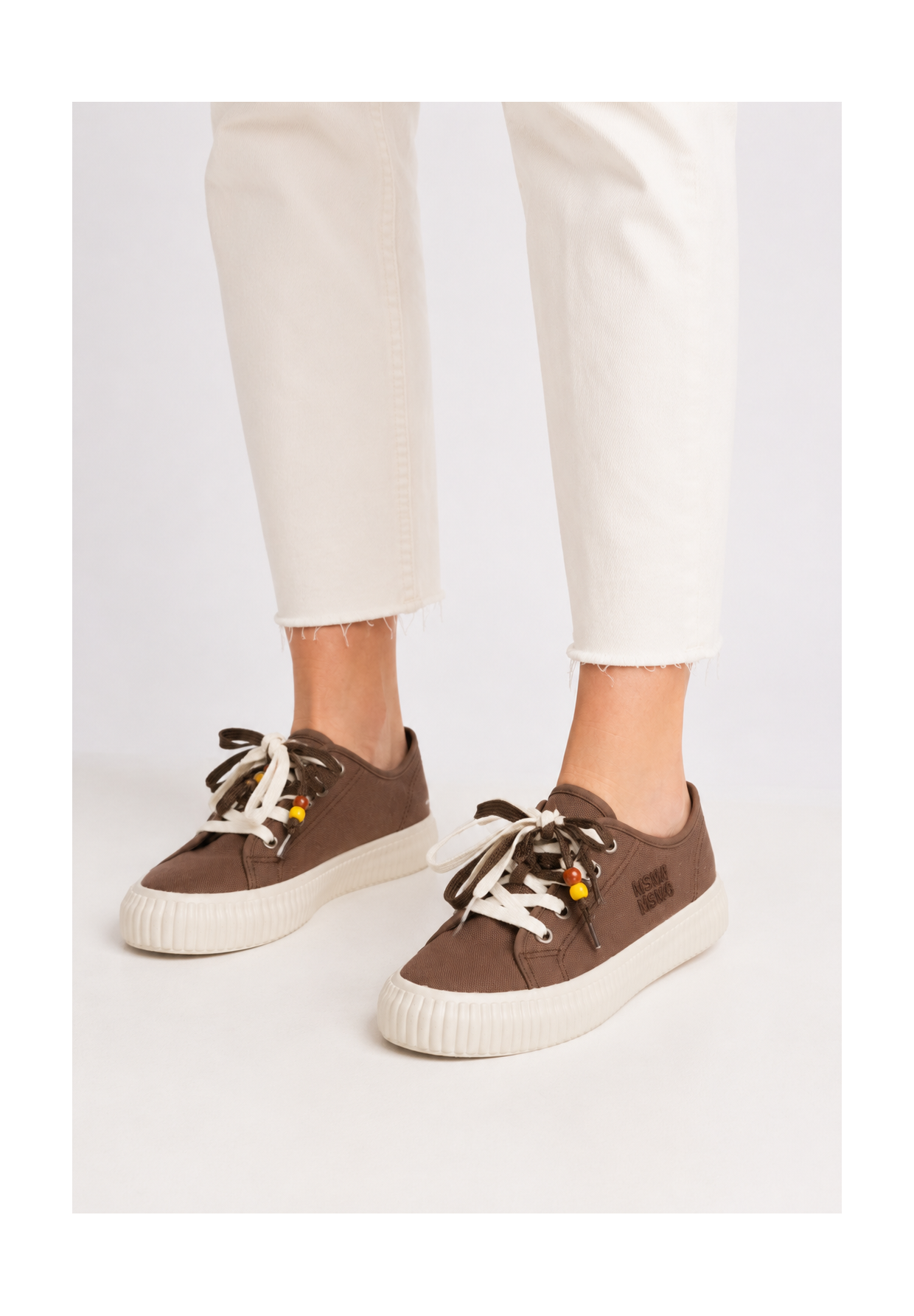 Trampki Damskie Materiałowe Sneakersy Na Platformie Sznurowane Casual Brązowe