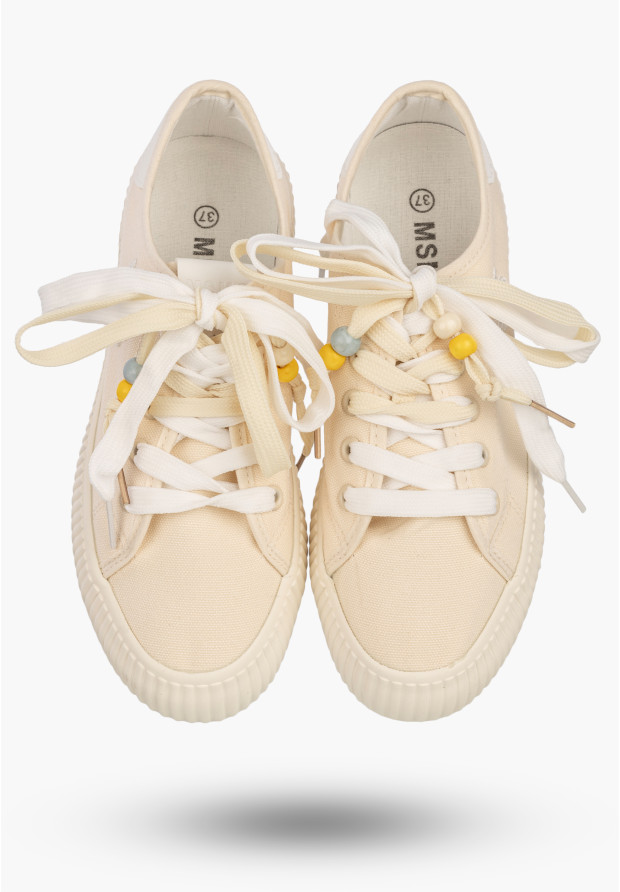Trampki Damskie Materiałowe Sneakersy Sznurowane Na Grubej Podeszwie Kremowe