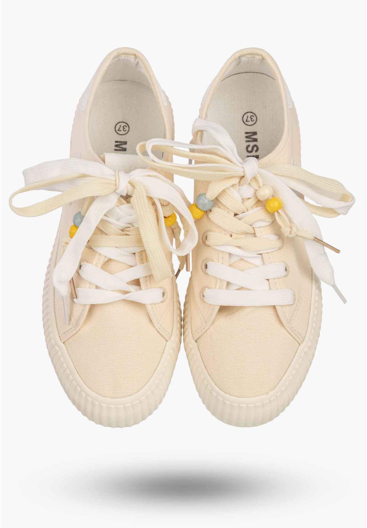 Trampki Damskie Materiałowe Sneakersy Sznurowane Na Grubej Podeszwie Kremowe
