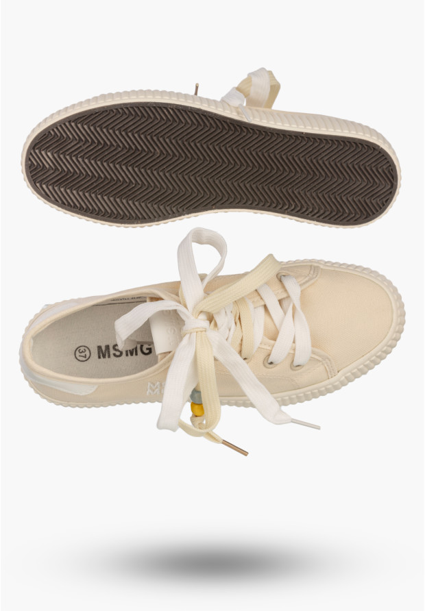 Trampki Damskie Materiałowe Sneakersy Sznurowane Na Grubej Podeszwie Kremowe