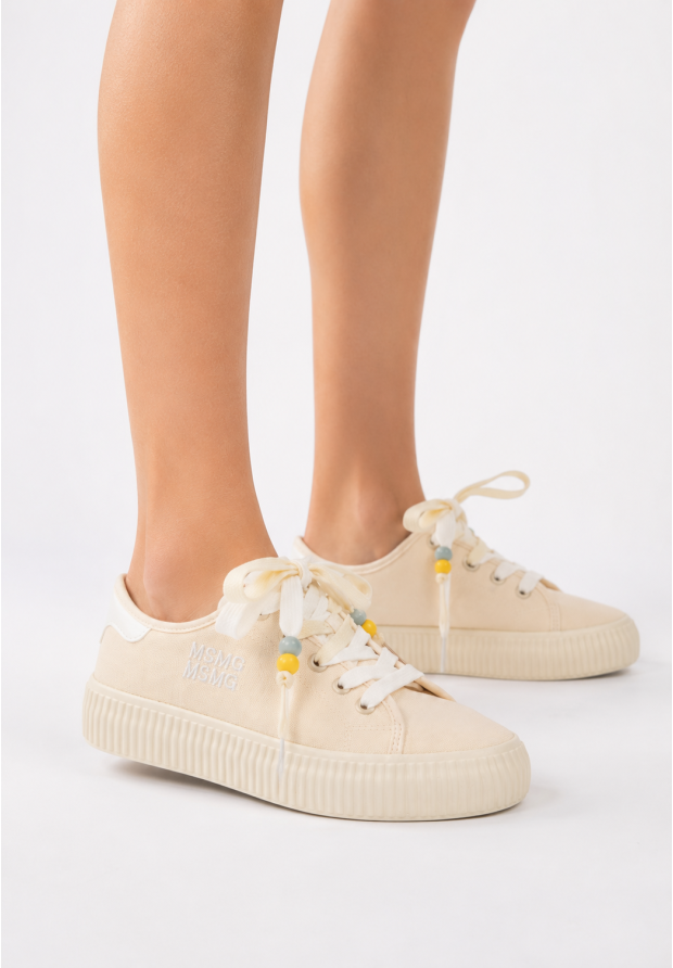 Trampki Damskie Materiałowe Sneakersy Sznurowane Na Grubej Podeszwie Kremowe