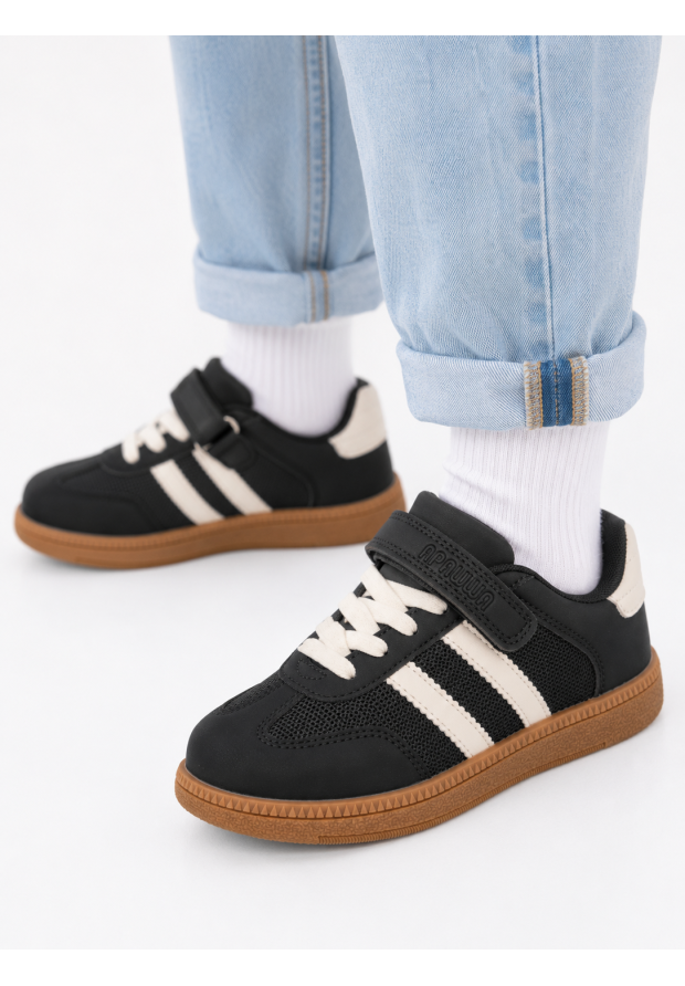 Sneakersy Dziecięce Trampki Buty Na Rzepy Skórzana Wkładka Czarne APAWWA