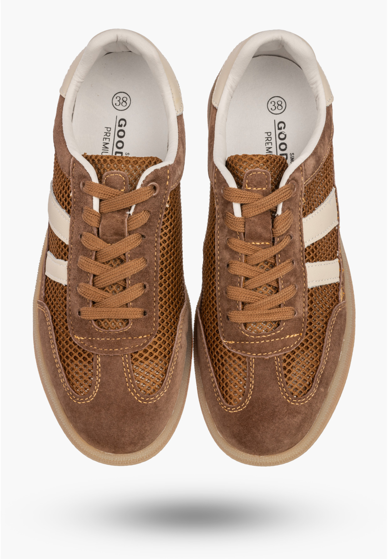 Sneakersy Damskie Buty Skórzane Sportowe Siateczka Półbuty Casual Brązowe Goodin