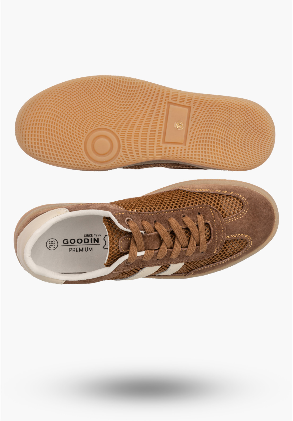 Sneakersy Damskie Buty Skórzane Sportowe Siateczka Półbuty Casual Brązowe Goodin