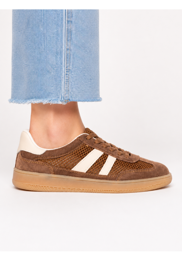 Sneakersy Damskie Buty Skórzane Sportowe Siateczka Półbuty Casual Brązowe Goodin