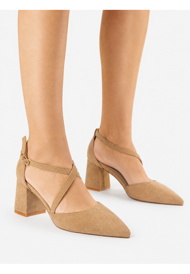 Czółenka Damskie Buty Na Słupku Skórzana Wkładka Eleganckie Beżowe