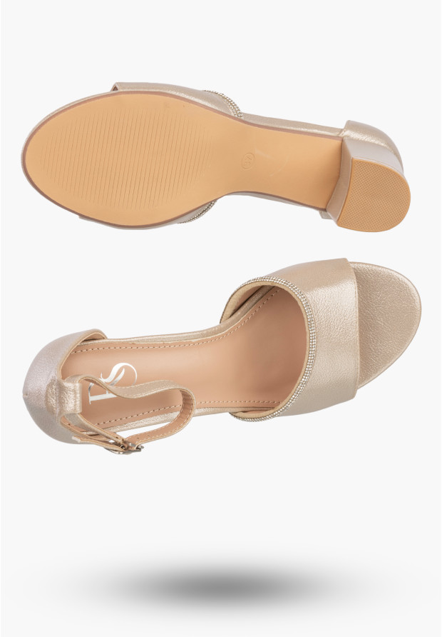 Sandały Damskie Ekoskóra Buty Eleganckie Na Słupku Z Cyrkoniami Złote