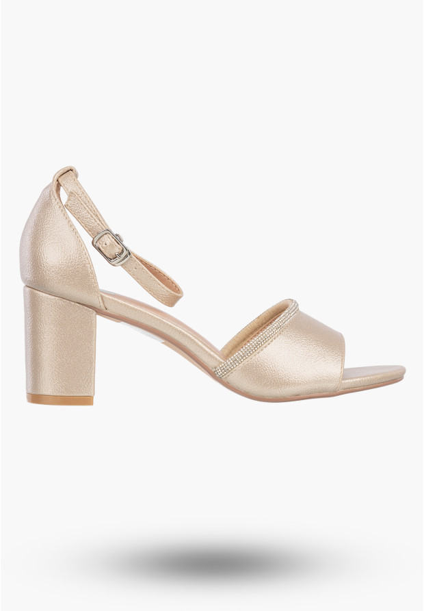 Sandały Damskie Ekoskóra Buty Eleganckie Na Słupku Z Cyrkoniami Złote