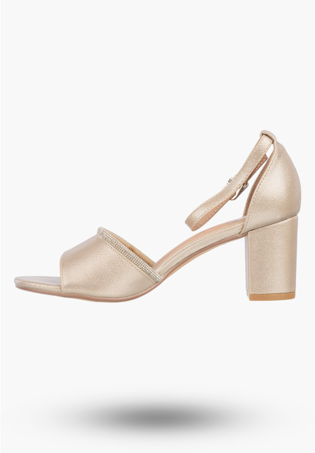 Sandały Damskie Ekoskóra Buty Eleganckie Na Słupku Z Cyrkoniami Złote