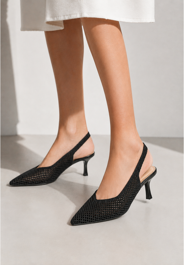 Szpilki Damskie Slingback Ażurowe Czółenka Eleganckie Na Szpilce Czarne