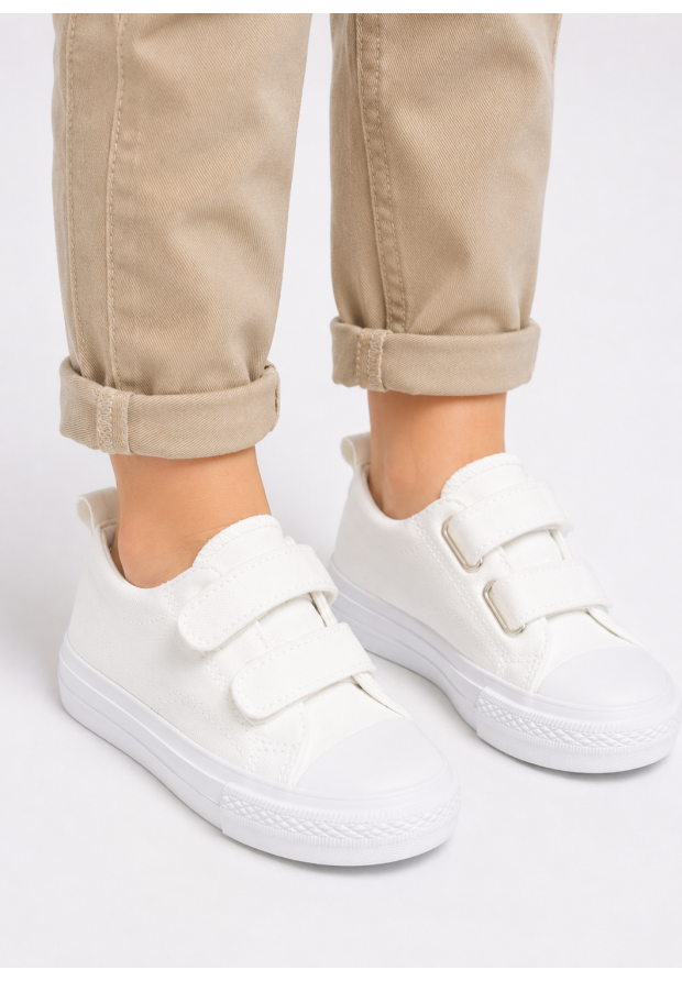 Trampki Dziecięce Buty Na Rzepy Tenisówki Materiałowe Casual Białe APAWWA
