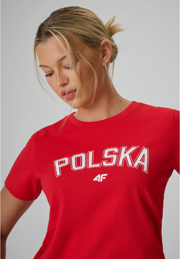 Koszulka Damska 4F Polska Czerwona T-Shirt Sportowy Kibica Bawełniany 4FRSS26TTSHF4207