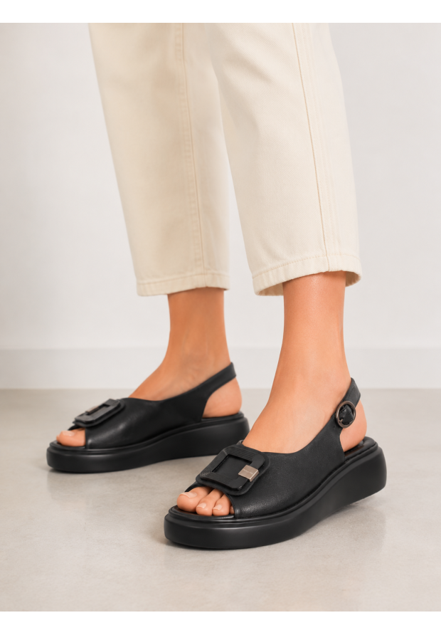 Sandały Damskie Skórzane Buty Czarne Na Platformie Z Ozdobą Letnie Casual