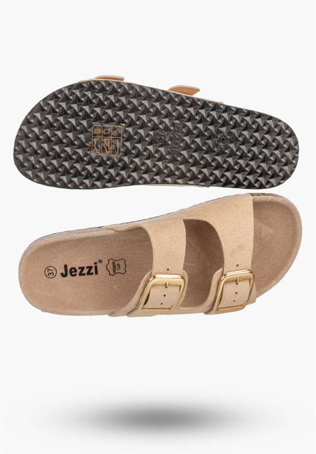 Klapki Damskie Z Klamrami Wygodne Skórzana Wkładka Letnie Casual Beżowe Jezzi