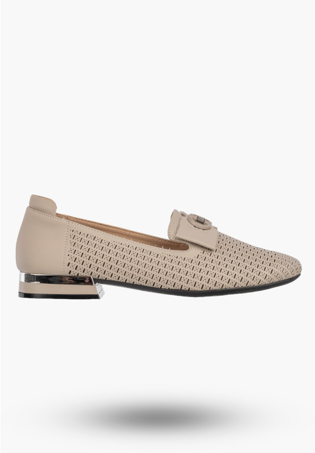 Mokasyny Damskie Skórzane Buty Ażurowe Eleganckie Półbuty Komfortowe Beżowe