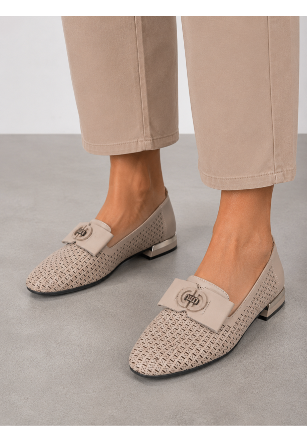 Mokasyny Damskie Skórzane Buty Ażurowe Eleganckie Półbuty Komfortowe Beżowe