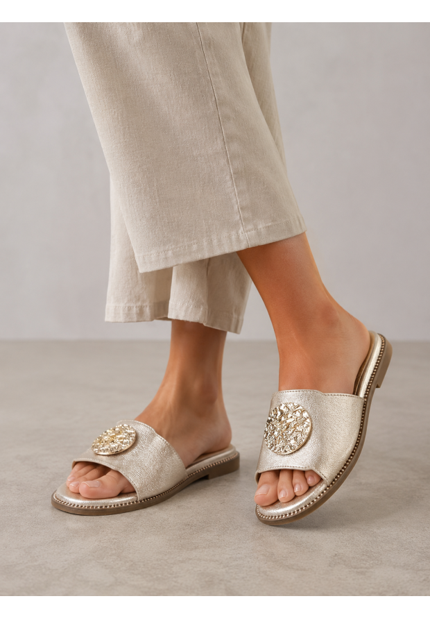 Klapki Damskie Ekoskóra Buty Wsuwane Eleganckie Skórzana Wkładka Złote
