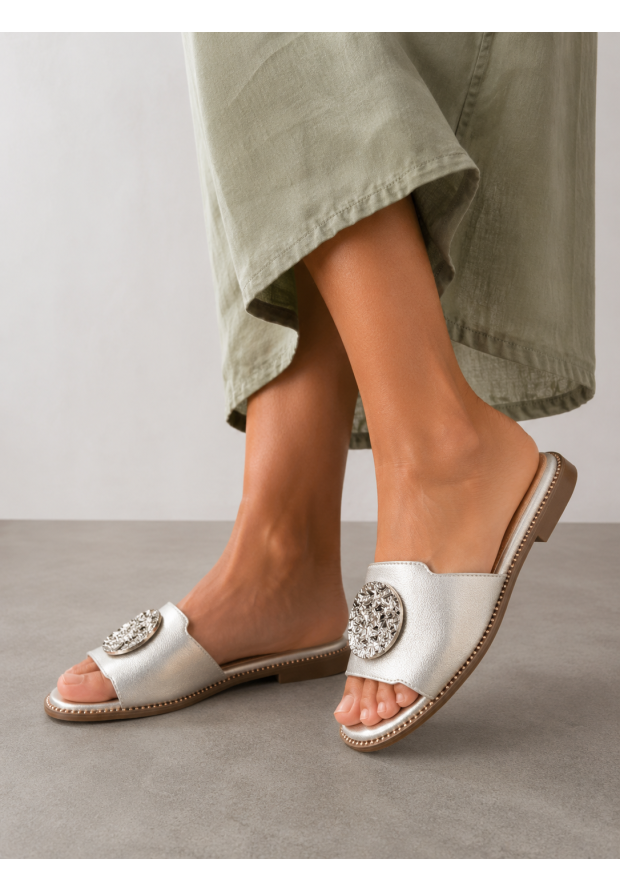 Klapki Damskie Ekoskóra Buty Wsuwane Eleganckie Skórzana Wkładka Srebrne