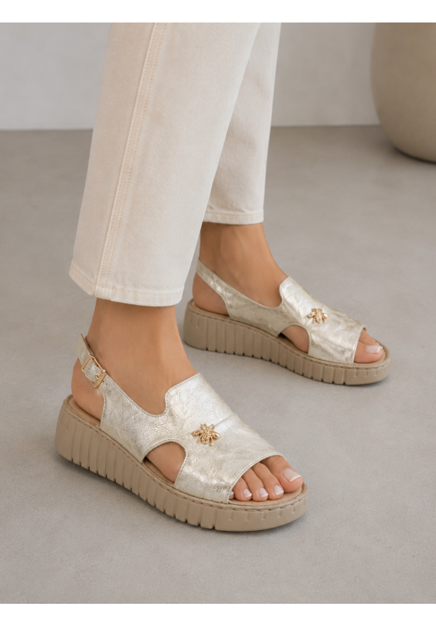 Sandały Damskie Ekoskóra Eleganckie Buty Stylowe Na Platformie Złote