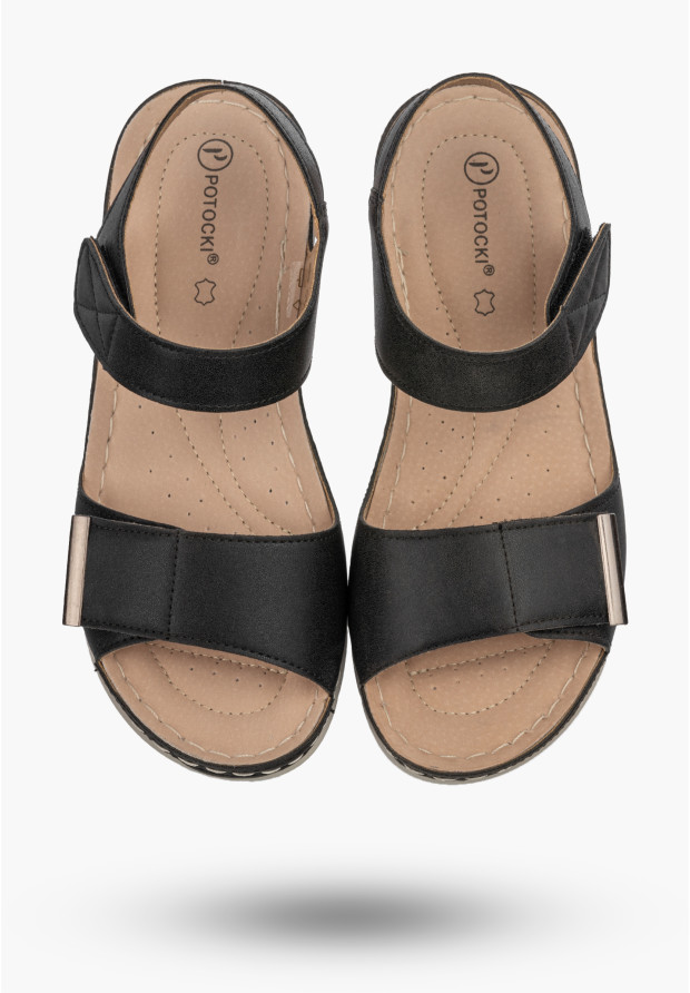 Sandały Damskie Ekoskóra Casual Buty Na Rzepy Letnie Lekkie Czarne