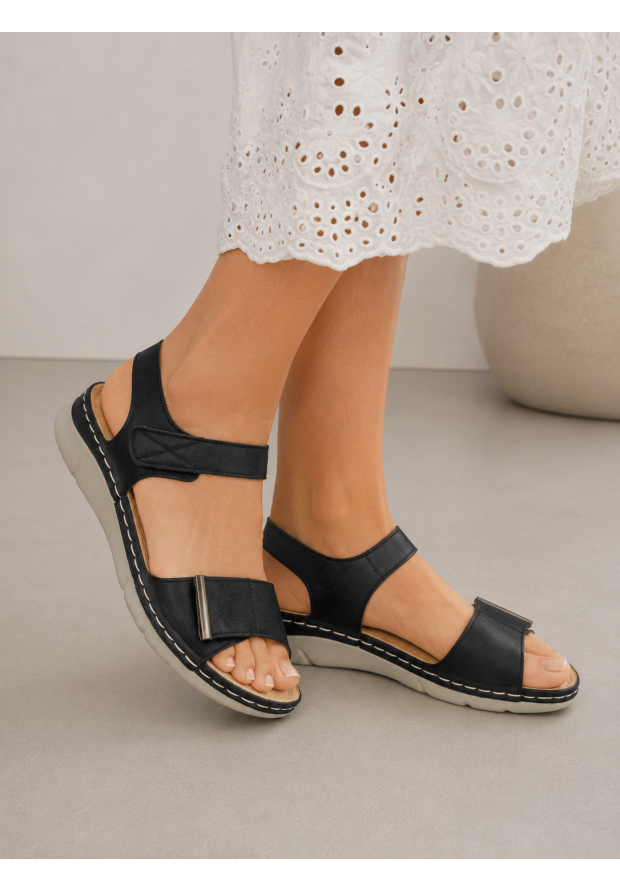 Sandały Damskie Ekoskóra Casual Buty Na Rzepy Letnie Lekkie Czarne