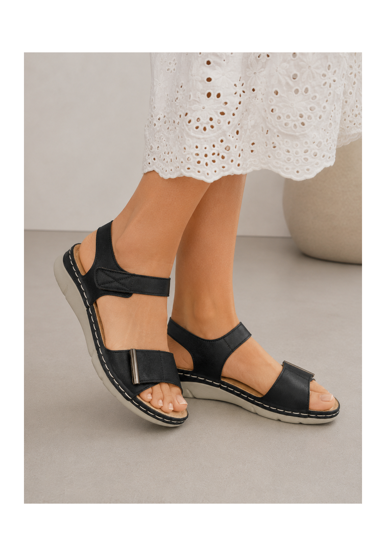 Sandały Damskie Ekoskóra Casual Buty Na Rzepy Letnie Lekkie Czarne