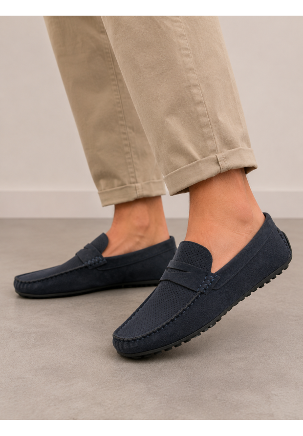 Mokasyny Męskie Ażurowe Eleganckie Wizytowe Buty Casual Granatowe Vanhorn