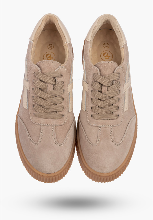 Sneakersy Damskie Skórzane Buty Zamszowe Sportowe Na Platformie Casual Beżowe