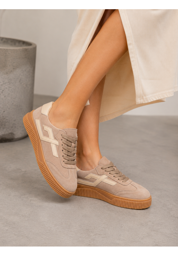 Sneakersy Damskie Skórzane Buty Zamszowe Sportowe Na Platformie Casual Beżowe
