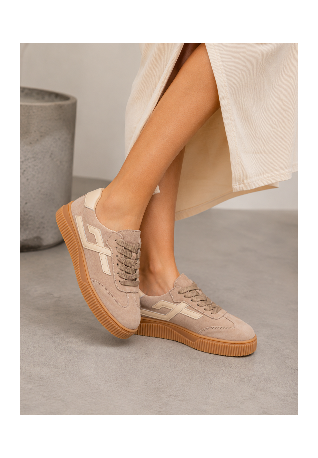 Sneakersy Damskie Skórzane Buty Zamszowe Sportowe Na Platformie Casual Beżowe