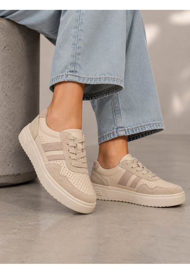Sneakersy Damskie Skórzane Buty Zamszowe Sportowe Casual Beżowe