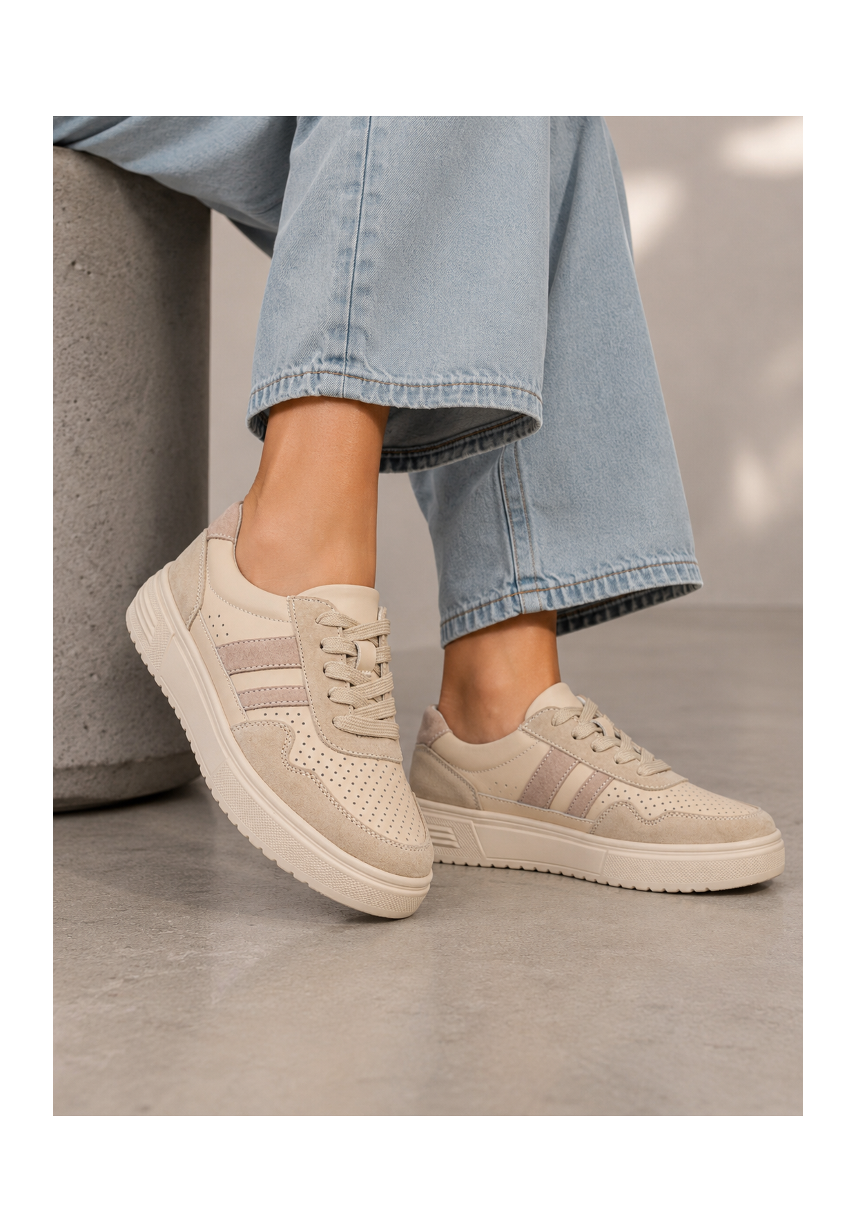 Sneakersy Damskie Skórzane Buty Zamszowe Sportowe Casual Beżowe