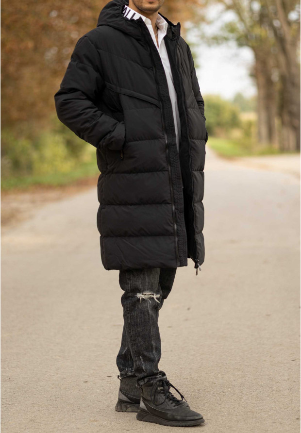 Kurtka Męska Płaszcz Ocieplany Puchowy Długi Czarny