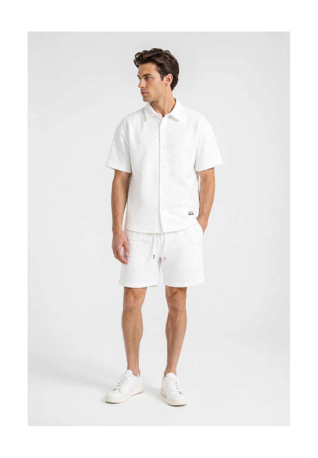 Komplet Męski Koszula Krótki Rękaw Szorty Letni Zestaw Casual Biały