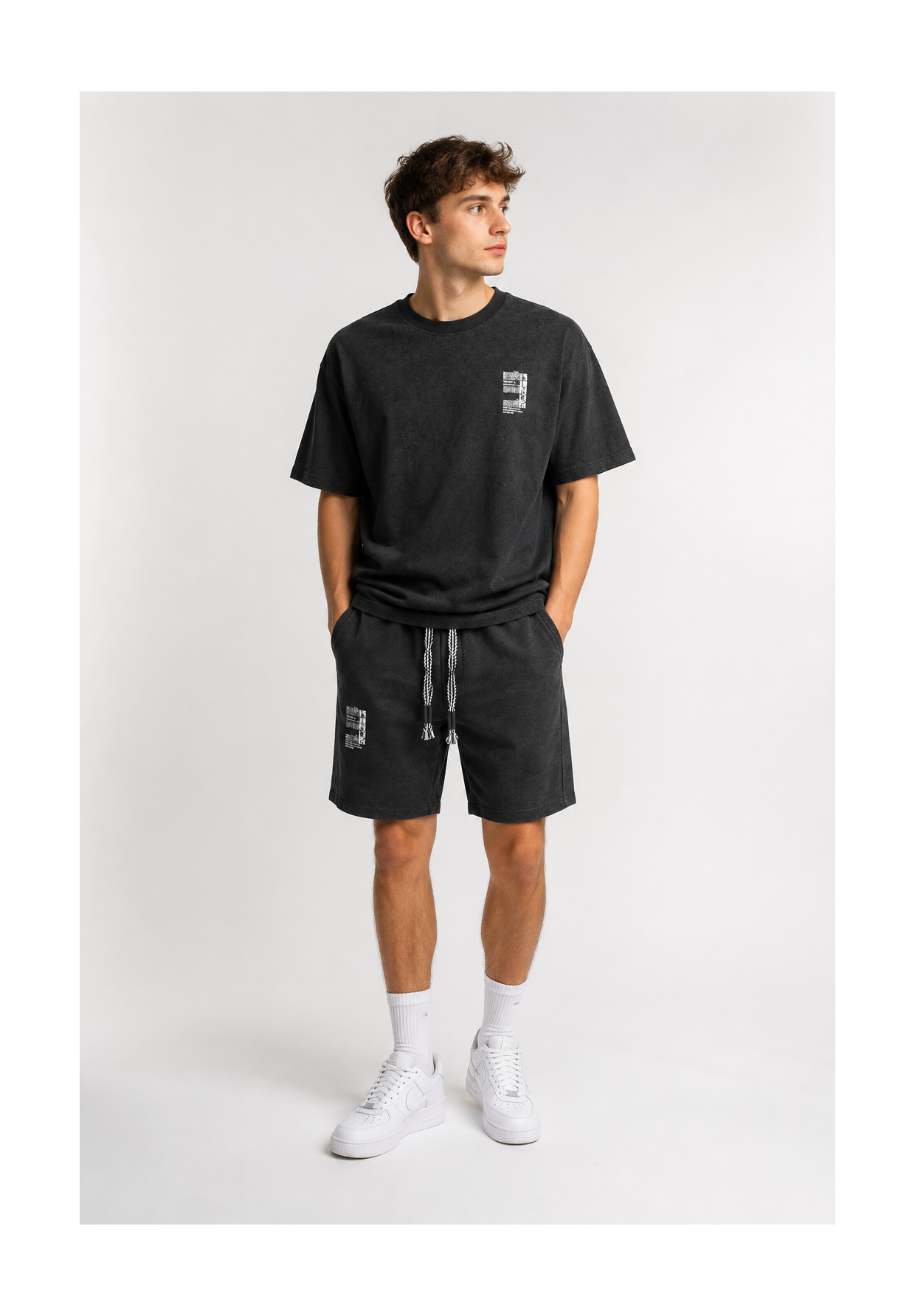 Komplet Męski T-Shirt Szorty Dresowe Casual Letni Zestaw Bawełniany Czarny